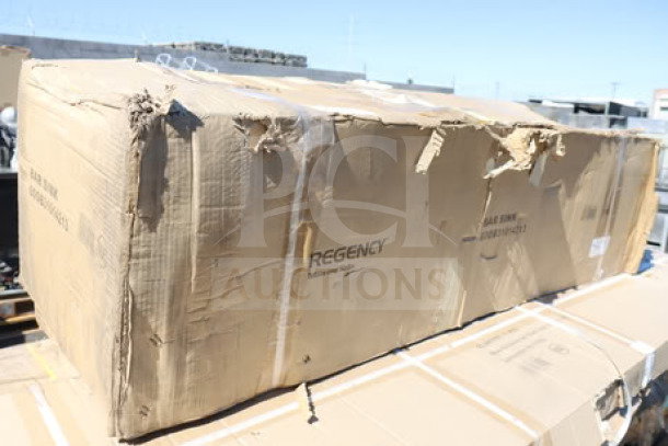 Brand new Regency 600B31014213 three-bowl sink in damaged box, 60"x18.75", with two drainboards.