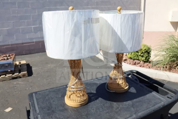 BRAND NEW Safavieh Magnus Coastal Farmhouse Bamboo Table Lamps, Model TBL4306A, 26-inch, covered in plastic.