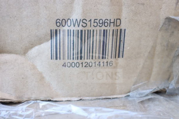 Box showing barcode and model number for Regency 600WS1596HD stainless steel wall shelf.