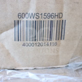 Box showing barcode and model number for Regency 600WS1596HD stainless steel wall shelf.