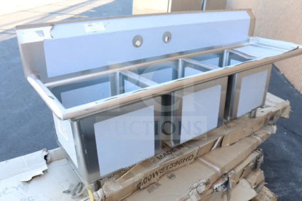 Regency 600S3151515R 66.5" three-compartment commercial sink with stainless legs, cross bracing, and 15" right drainboard. Brand new.