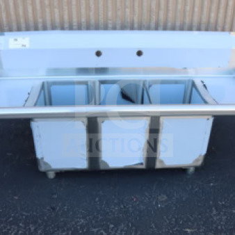 Brand new Steelton 522CS31014LR 54" commercial sink, three compartments, two 12" drainboards, scratch-n-dent condition.