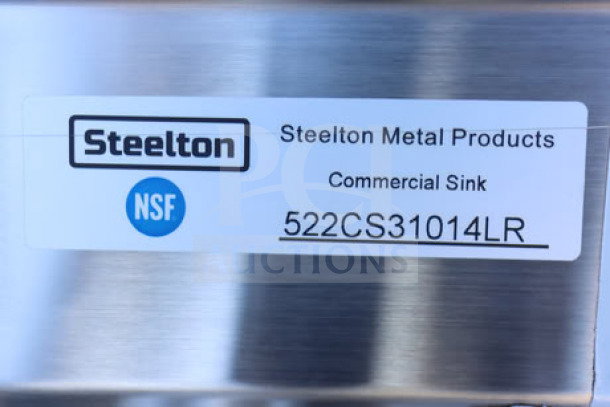 Steelton commercial sink label, model 522CS31014LR, indicating NSF certification.