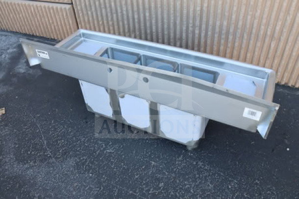 Brand new Steelton 522CS31014LR 54" commercial sink, three compartments, two 12" drainboards, scratch-n-dent condition.