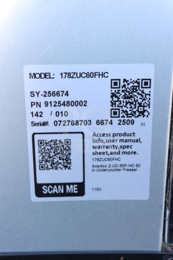 QR code label on Avantco ZUC-60F-HC undercounter freezer showing model and serial numbers, plus access instructions.