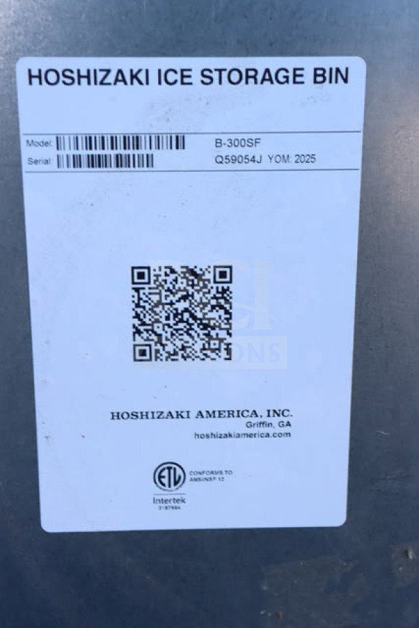Hoshizaki B-300SF ice storage bin tag, model B-300SF, serial Q59054J, stainless steel finish, new condition.