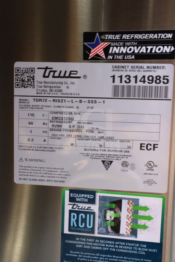BRAND NEW True TDR72-RISZ1-L-B-SSS-1 kegerator, 72", black, 2 stainless taps, holds 3 half kegs, 115V, S/N: 11314985.