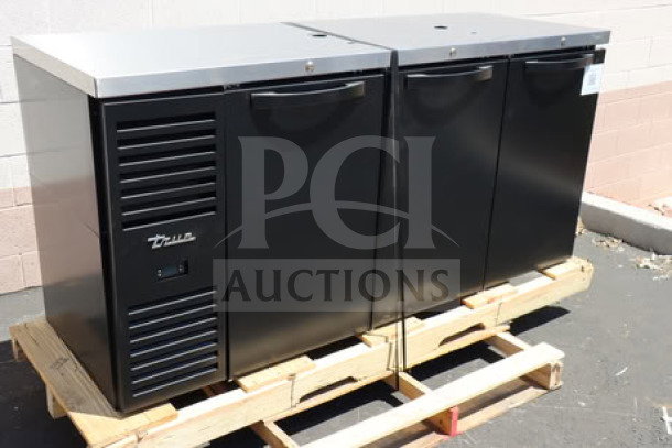Brand new True TDR72-RISZ1-L-B-SSS-1 black kegerator; 72", 3 half-keg capacity, 115V, stainless steel taps, minor scratches.