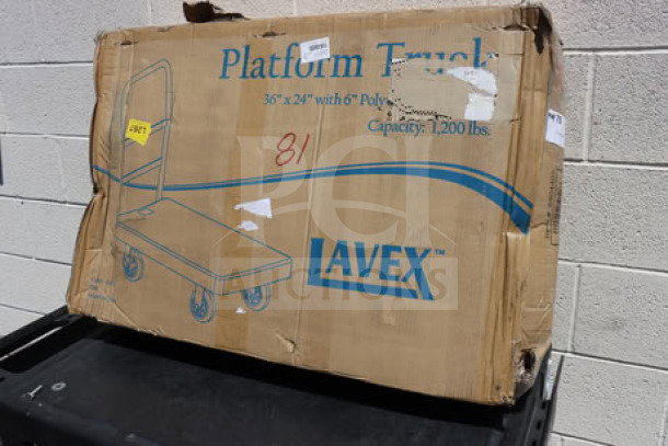 Brand new Lavex 6904403 platform truck, 36"x24", ergonomic handle, 250 lb capacity. Box damaged, may be missing parts.