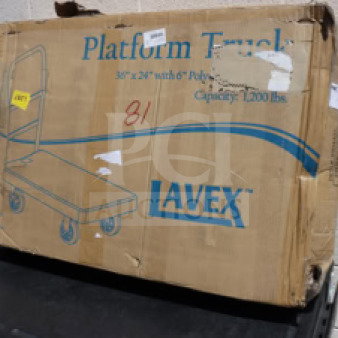 Brand new Lavex 6904403 platform truck, 36"x24", ergonomic handle, 250 lb capacity. Box damaged, may be missing parts.