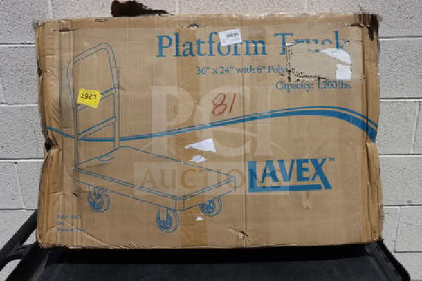 Lavex 6904403 heavy duty platform truck, 36"x24", ergonomic handle, 250 lb capacity. Box damaged, may miss parts.