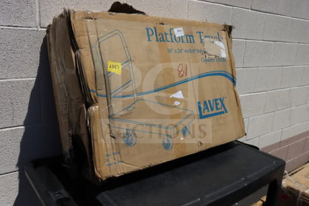 BRAND NEW Lavex 6904403 36"x24" heavy-duty platform truck, 250 lb capacity, ergonomic handle. Damaged box, possible missing parts.
