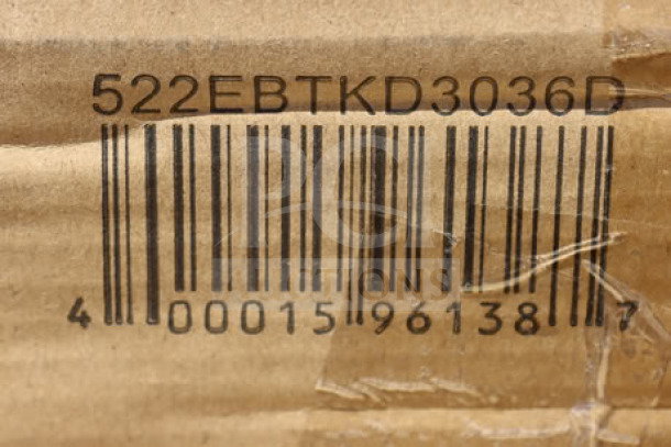 Barcode and model number "522EBTKD3036D" visible on Steelton 30" x 36" stainless steel table packaging.