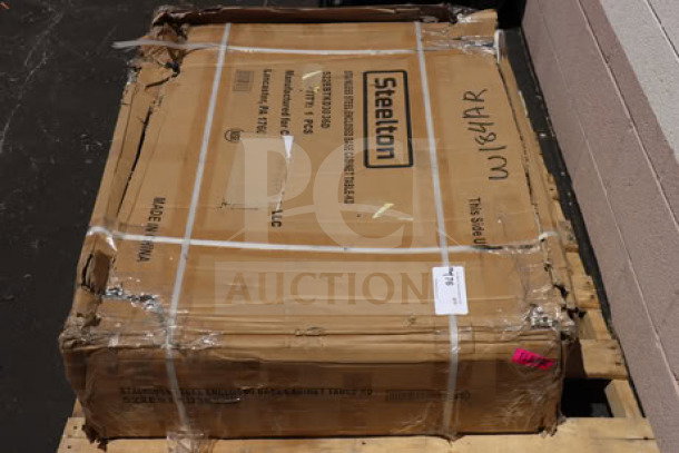 Steelton 522EBTKD3036D table in original packaging, 16 gauge type 430 stainless steel, scratch-n-dent, enclosed base, sliding doors.