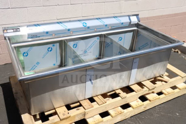 BRAND NEW Aero Manufacturing F3 Series 3 Compartment Sink, 16 gauge 430 stainless steel, 7" backsplash, faucet holes, model MF3-2420.