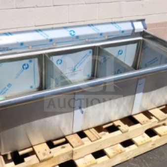 BRAND NEW Aero Manufacturing F3 Series 3 Compartment Sink, 16 gauge 430 stainless steel, 7" backsplash, faucet holes, model MF3-2420.