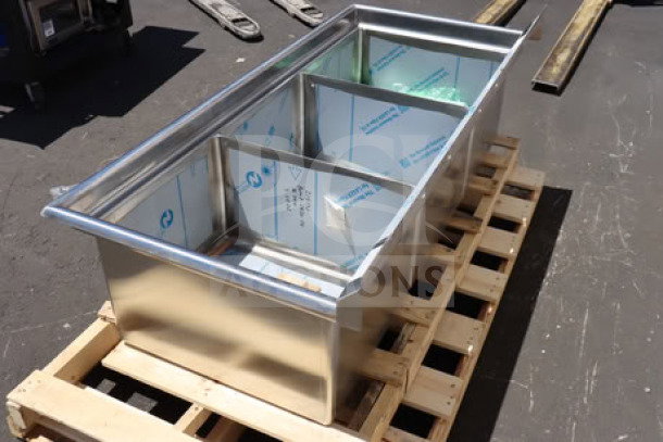 Brand new Aero MF3-2420 3-compartment sink, 16-gauge 430 stainless steel with 7" backsplash, faucet holes, on a pallet.