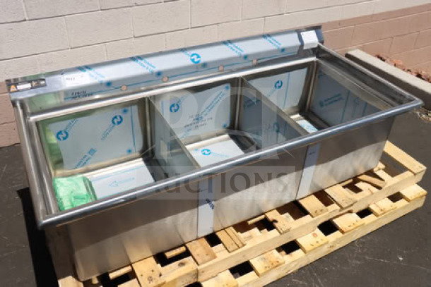 Brand new Aero Manufacturing F3 Series 3-compartment sink, 16 gauge 430 stainless steel, 24x20x14 compartments, on pallet.