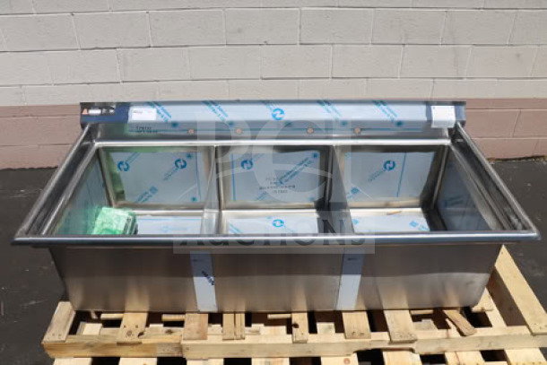 Brand new Aero Manufacturing F3 Series 3 compartment sink with 7" backsplash, 16 gauge 430 stainless steel, model MF3-2420.