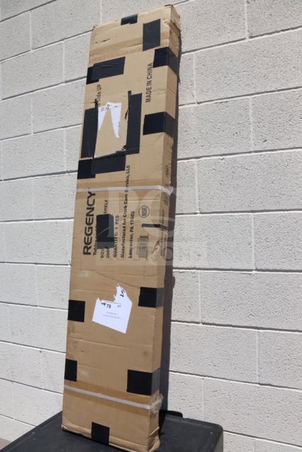 Regency 600DOS1260 Stainless Steel Double Deck Overshelf in box. Label indicates model, make, and "Made in China."