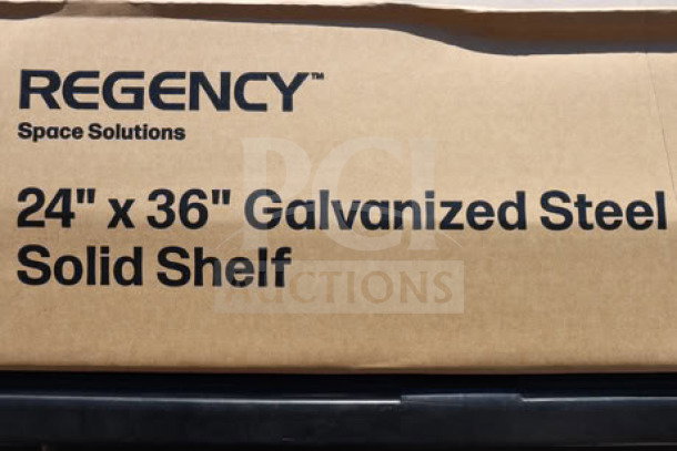 BRAND NEW Regency 460SG2436 Stainless Steel Double Deck Overshelf in original box, showcasing dimensions and model.