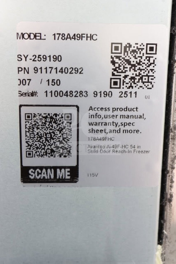 Alt text: Brand new Avantco A-49F-HC 54" solid door reach-in freezer label. Displays model number, serial number, and QR codes.
