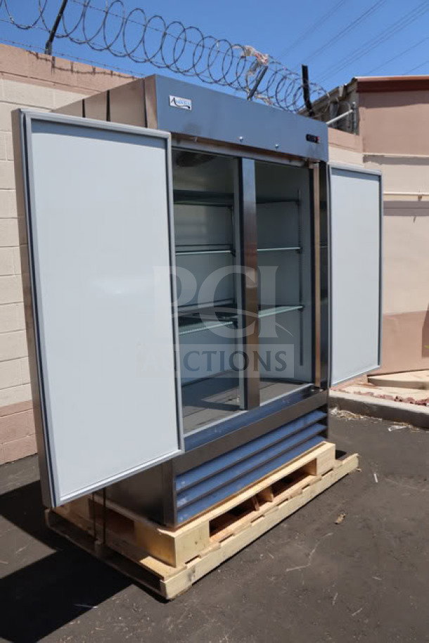Brand new Avantco A-49F-HC 54" solid door reach-in freezer, dual doors open, stainless steel, on wooden pallet, scratch-n-dent condition.