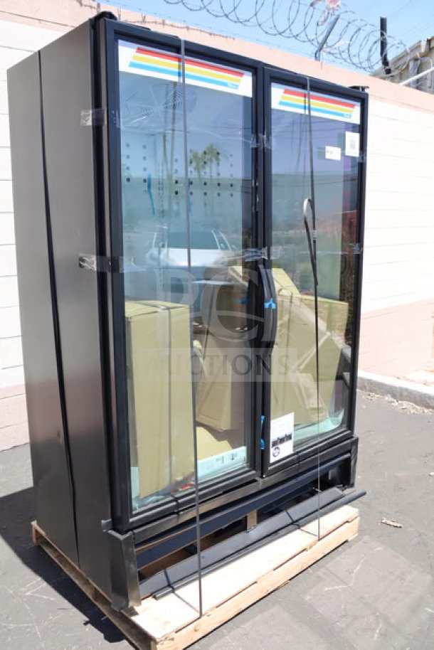 Brand new True FLM-54~TSL01 black refrigerated glass door merchandiser, LED lighting, full length doors, scratch-n-dent.