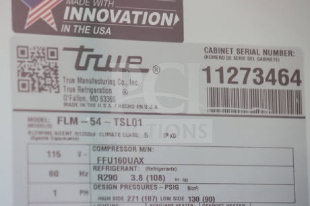 True refrigerated glass door merchandiser label, Model FLM-54~TSL01, Serial No. 11273464, 115V, tested and working.