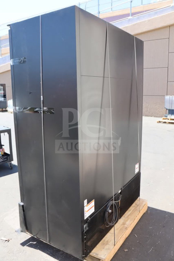 Brand new True FLM-54 TSL01 black refrigerated glass door merchandiser, scratch-n-dent, LED lighting, 53 7/8", 115V, tested.