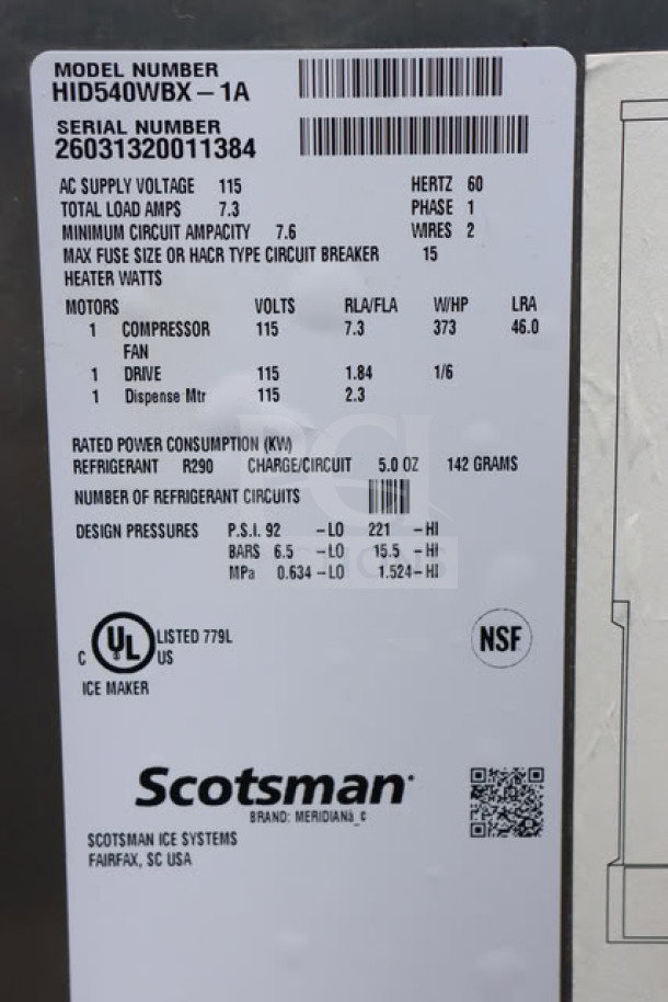 Brand new Scotsman HID540WBX-1A ice machine label. Shows model, serial number 26031320011384, and specifications.