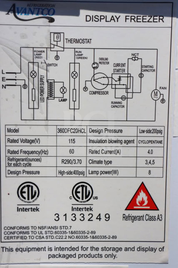 BRAND NEW Avantco DFC20-HCL ice cream freezer tag, 115V, 4A, ETL certified, refrigerant details, electrical schematic.