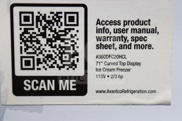 QR code label for Avantco DFC20-HCL ice cream freezer with model info and website link for product details.