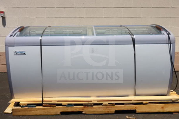 Brand new Avantco DFC20-HCL display ice cream freezer, curved top, minor cosmetic scratch, 70 7/8", requires 115V, 4 Amps, 1 Phase.