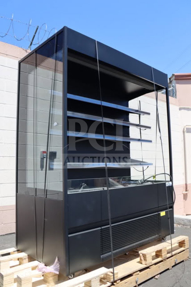 Avantco VOA-60-B black vertical open air merchandiser, 59 1/8", LED lighting, loose lights, dented air grate, SN: 1771910150029.