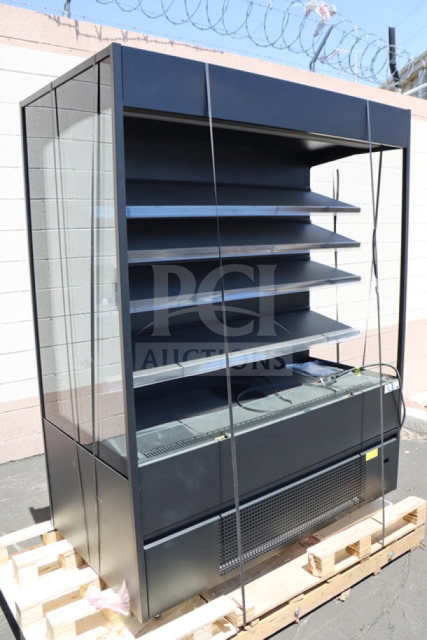 Avantco VOA-60-B 59" black open air merchandiser with LED lighting, new condition, loose lights, dented air grate.