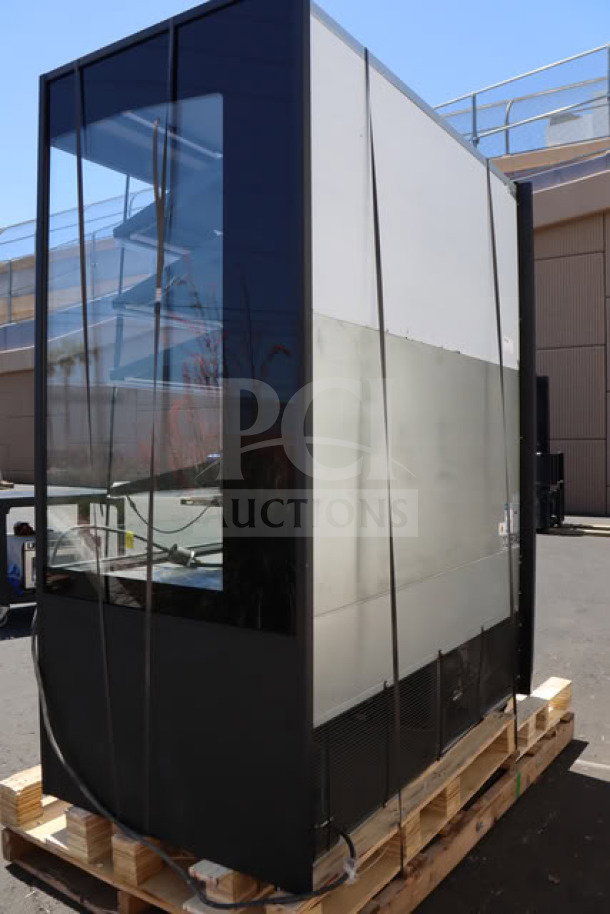 Brand new Avantco VOA-60-B open air merchandiser, black, LED lighting, dented air grate, loose lights, on wooden pallet.