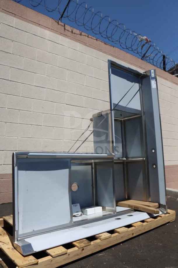 Brand new Regency 600S3242424C three-compartment commercial corner sink with two 24" drainboards, basket strainers, legs, and bracing.