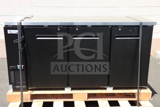 Avantco UBB-72-HC black back bar refrigerator, 73", solid doors, LED lighting, new with minor dents, serial 980842455.