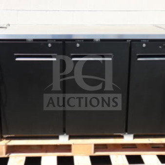 Avantco UBB-72-HC black back bar refrigerator, 73", solid doors, LED lighting, new with minor dents, serial 980842455.