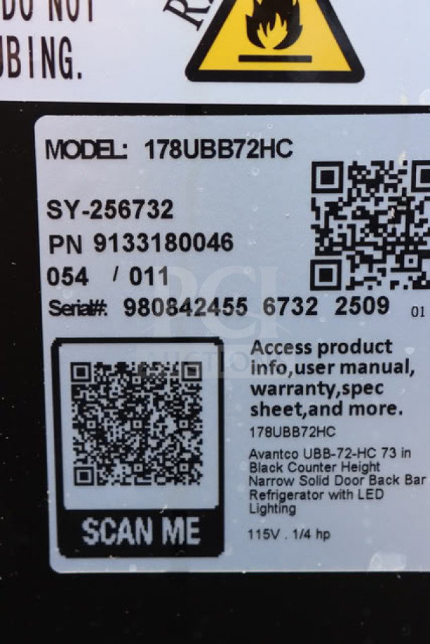 Label for Avantco UBB-72-HC back bar refrigerator. Model 178UBB72HC, Serial 980842455 6732 2509, 115V, 1/4 HP.