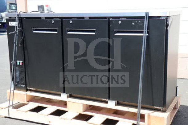 Brand new Avantco UBB-72-HC 73" black narrow solid door back bar refrigerator with LED lighting, 115V, tested in working order.
