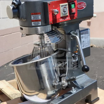 Brand new Avantco MX10H 10 Qt. planetary stand mixer with guard, standard accessories, and visible control panel. 