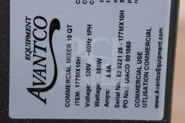 Avantco MX10H 10 Qt. Planetary Stand Mixer label with specs and serial number 52 0221 25.