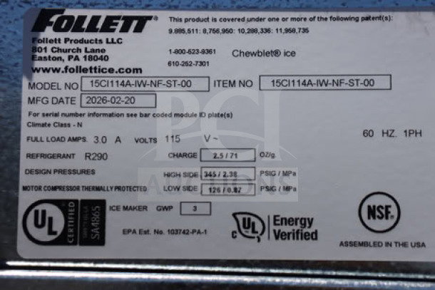 BRAND NEW! Follett 15CI114A-IW-NF-ST-00 Ice Maker, minor dents, 15 lb. bin, 100 lb. capacity, 115V, NSF certified.
