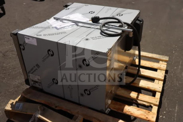 Brand new Cadco Rossella XAF-193 convection oven on pallet, 4-shelf, heavy-duty, minor scratches, 208-240V, manual controls.