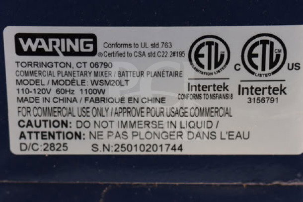 Waring Luna WSM20LT 20 Qt. Planetary Stand Mixer label, displaying model information, electrical specifications, and usage cautions.