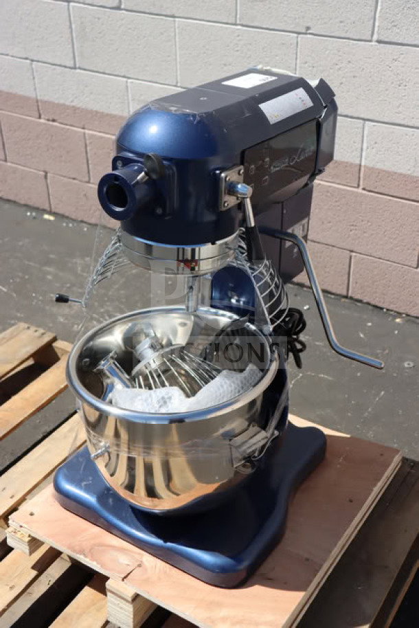 Brand new Waring Luna WSM20LT 20 Qt. planetary stand mixer with guard, timer, and accessories. 120V, 1 hp. Scratch-n-dent condition.