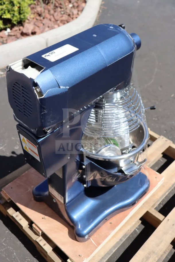 BRAND NEW Waring Luna WSM20LT 20 Qt. Stand Mixer, blue, with guard, timer, and accessories. Visible scratch and dent on top.