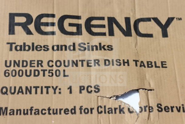 Regency 50" stainless steel soiled/dirty undercounter dishtable, Model 600UDT50L. Box damaged.